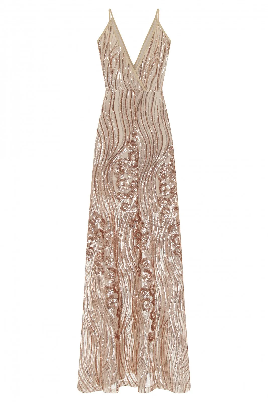 Amor Rose Gold Sheer Shimmer Floral Sequin Slit Maxi Dress
